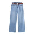 Lichtblauwe jeans met hoge taille en rechte wijde pijpen met vintage bruine riem en zilveren gespen - XS / Lichtblauwe high waist wide leg jeans met riem