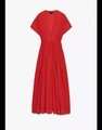 Detail of red V-neck midi dress featuring pleated shoulders and tie waist design - XS / Red
