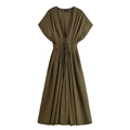 Women's V-neck olive green pleated midi dress with kimono sleeves and drawstring waist - XS / Army Green