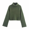 Dark green turtleneck knit sweater with long drop shoulder sleeves and ribbed cuffs - S / Green