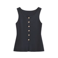 Sleeveless knitted navy vest with gold buttons and side slits in a minimalist design - Navy Blue