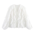 Elegante camicia bianca a maniche lunghe con scollo a V, volant verticali e bottoni - XS / Bianco