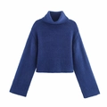 Women's dark blue long sleeve turtleneck sweater with ribbed cuffs and hem - S / Blue
