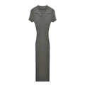 Short-sleeve ribbed knit midi dress in dark grey-green featuring a polo neck design - S / Dresses / Olive Green