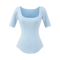Light blue slim-fit U-neck short sleeve top with curved hem and elastic fabric texture - S / Blue