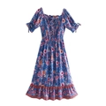 Blue floral bohemian midi dress with smocked bodice and puffed sleeves in summer style - XS / Purple