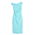 Light blue one-shoulder midi dress with decorative gold waist buckle on white background - XS / Blue