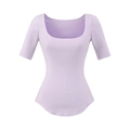 Slim fit lavender cotton T-shirt with wide U-neck and curved hem for women - S / Purple