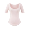 Detail view of the elegant square neckline and curved hem on this pink fitted shirt - S / Pink