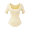 Detailed view of the square neckline and texture on light yellow slim-fit T-shirt - S / Yellow