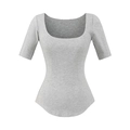 Detail of grey slim fit ribbed U-neck tee showing textured fabric and curved hem design - S / Gray