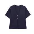 Détail d'un cardigan en tricot bleu marine avec col en V et deux boutons dorés - S / Bleu marine