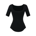 Close-up of black square-neck slim-fit cotton T-shirt with curved hem design - S / Black