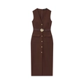 Elegant sleeveless deep V-neck midi dress in dark coffee brown with golden buckle belt - XS / Brown
