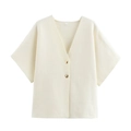 Dettaglio del cardigan in maglia crema con scollo a V e bottoni dorati di tendenza - S / Bianco