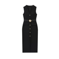 Black sleeveless V-neck crepe midi dress with gold buttons and floral buckle belt - XS / Black