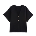 Dettaglio di un cardigan nero in maglia con scollo a V e due bottoni in metallo dorato - S / Nero
