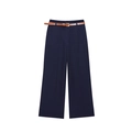 Pantaloni a gamba larga blu scuro a vita alta con cintura marrone e dettaglio sull'orlo - XS / Blu navy