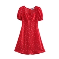 Kurzes rotes Sommerkleid mit Blumenmuster, Puffärmeln und Herzausschnitt in Größe XS - Rot