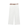Eleganti pantaloni bianchi a gamba larga con cintura in pelle marrone e orli risvoltati - XS / Bianco