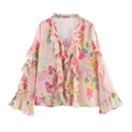Pink floral chiffon long sleeve blouse with deep V-neck ruffle trim and flared cuffs - S / Pink Floral