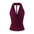 Detalle de top granate con cuello drapeado y elegante tirante de cuerda trenzada al cuello - S / Morado