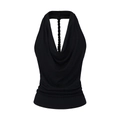 Detail eines schwarzen Neckholder-Tops mit tiefem V-Ausschnitt und verdrehtem Träger - S / Oberteile / Schwarz