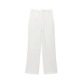 Detail view of high-waisted white straight-leg trousers with elegant drape and clean seams - S / White Pants
