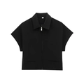 Women's black short sleeve lapel jacket with front zipper and pockets in size small - S / Black Top
