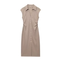 Elegantes ärmelloses taupefarbenes Polo-Kleid mit V-Ausschnitt und Goldknöpfen - XS / Khaki