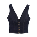 Women's deep blue denim crop top with V-neckline and gold button details on white background - XS / Dark Blue