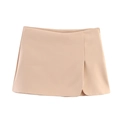 Dettaglio della gonna-pantalone beige con spacco anteriore, strati e zip laterale - XS / Cachi