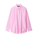 Pink and white striped long-sleeve pajama shirt with white buttons on white background - XS / Pink Top