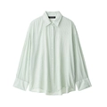 Close-up of the light green striped shirt fabric texture and classic button-down collar - XS / Green Top