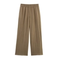 Detail der braunen Hose mit weitem Bein, elastischem Bund und strukturierter Baumwoll-Leinen-Optik - Dunkelkhaki Hose