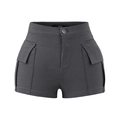 Detailed view of dark grey high-waisted cargo shorts with large flap pockets and metal button - Dark Gray