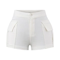 Detailed view of white high-waisted cargo shorts featuring side pockets and fine stitching - White