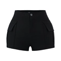 Close-up of black high-waisted hot pants featuring cargo flap pockets and button detail - Black