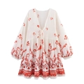 Böhmisches weißes Minikleid mit orangefarbenem Blumendruck und Quasten-Kordelzug im Sommerstil - XS / Rot Druck