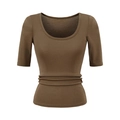 Detail of the waist ruching and stretchy brown fabric on this slim fit scoop neck top - S / Brown