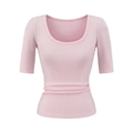 Close-up of light pink slim fit top showing ribbed knit fabric texture and round neckline - S / Pink