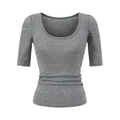 Close-up of grey scoop neck T-shirt featuring slim fit cut and elastic ribbed fabric detail - S / Gray