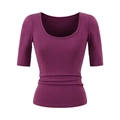 Detail view of purple slim fit T-shirt featuring low U-neck and waist side ruching - S / Purple