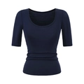 Detail view of the ruched waist design on a slim fit navy blue short sleeve t-shirt - S / Navy Blue