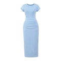 Slim fit light blue short sleeve maxi dress with elegant side ruched detail - S / Blue