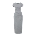 Short sleeve heather grey slim fit maxi dress with elegant side ruching detail - S / Light Gray