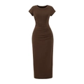 Slim fit brown short sleeve maxi dress featuring side pleats and classic round neck - S / Brown