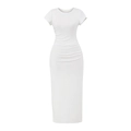 Short sleeve white ruched maxi dress with slimming fit and classic round neck - S / White