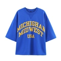 Oversized royal blue Michigan Midwest USA graphic T-shirt with vintage yellow print - S / Royal Blue