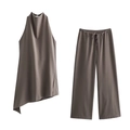 Taupe two-piece set for women featuring halter sleeveless top and wide-leg drawstring pants - S / Coffee Set